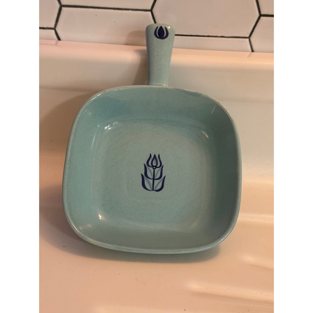 Vintage Blue Ceramic Square Skillet Dish W/ Tulip Floral Design Cornin Pottery